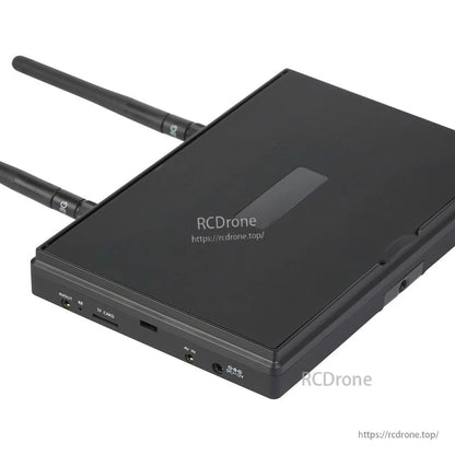 Foxeer LCD5802D 7" FPV Monitor, Foxeer LCD5802D 7-inch FPV monitor back view with dual antennas, AV in/out ports, TF card slot, and DC 7–12V input