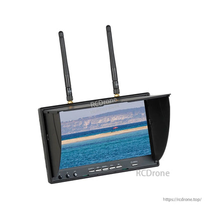 Foxeer LCD5802D 7" FPV Monitor, Foxeer LCD5802D 7-inch FPV monitor with sun hood, dual antennas, and front control buttons
