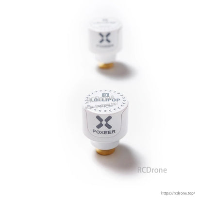 Two Foxeer Lollipop 3 stubby omni FPV antennas in white with SMA connectors, compact mushroom-style design