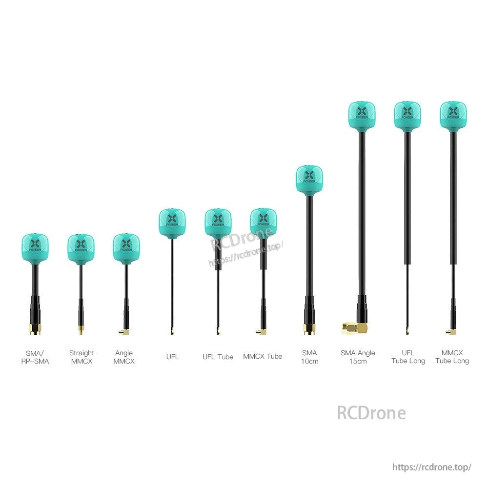 Foxeer Lollipop 4 Plus 5.8GHz FPV omni antenna lineup with SMA/RP-SMA, MMCX and UFL connector options