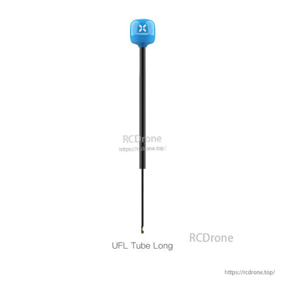 Foxeer Lollipop 4 Plus FPV omni antenna with blue cap, long tube coax lead, and UFL connector