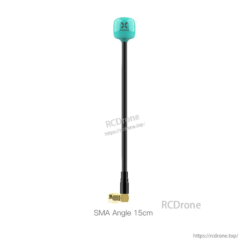 Foxeer Lollipop 4 Plus 5.8GHz FPV omni antenna with teal cap, 15cm coax lead, and right-angle SMA connector