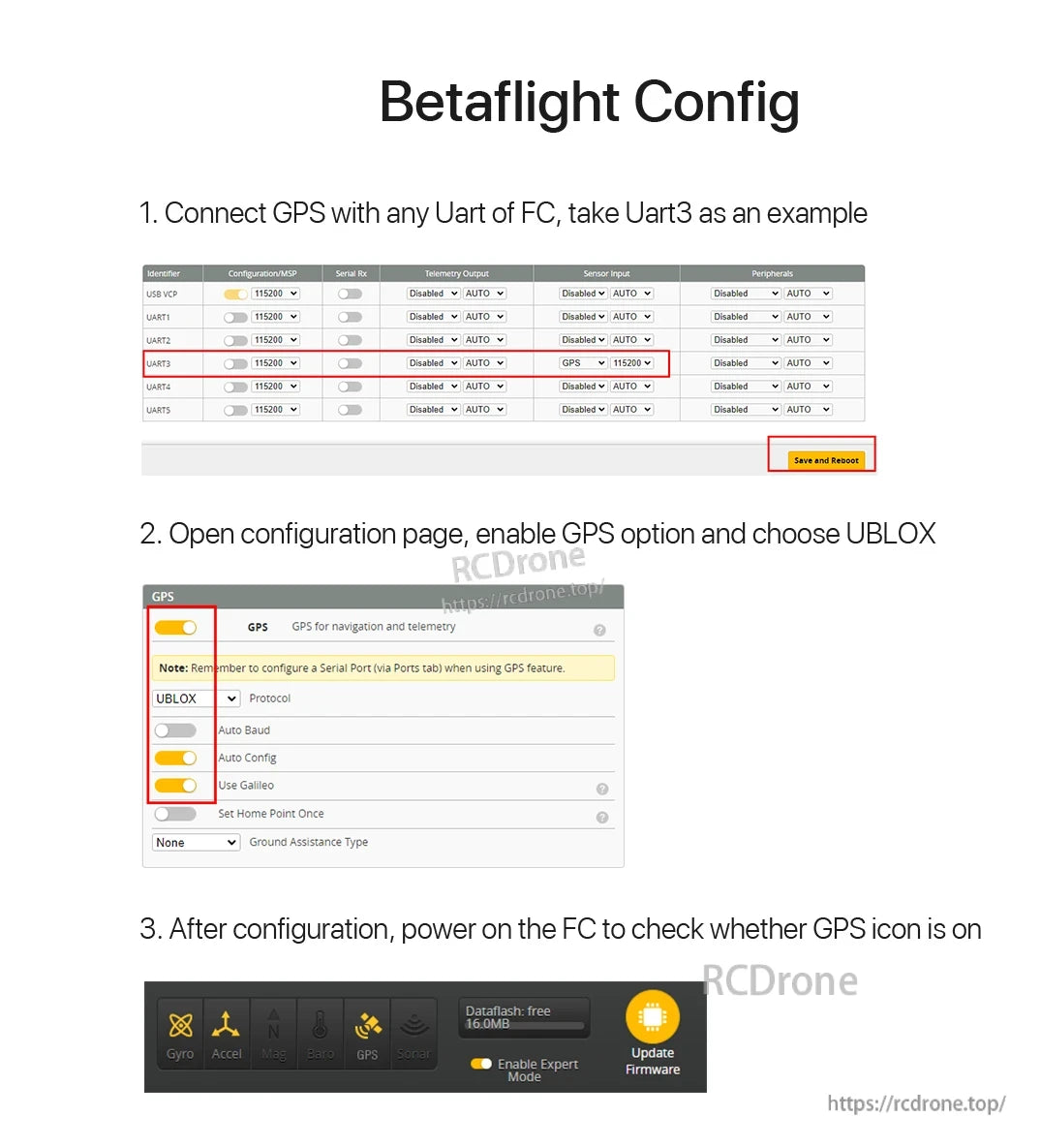Foxeer M10Q-120 V2 GPS, Configure GPS on Betaflight: Connect to UART3, enable GPS with UBLOX, auto baud, and Galileo. Save, reboot, and check GPS icon.