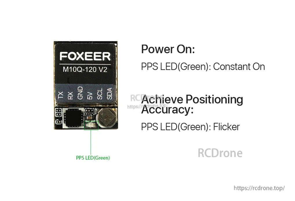Foxeer M10Q-120 V2 GPS module: green PPS LED shows power and positioning accuracy through steady or flickering light.