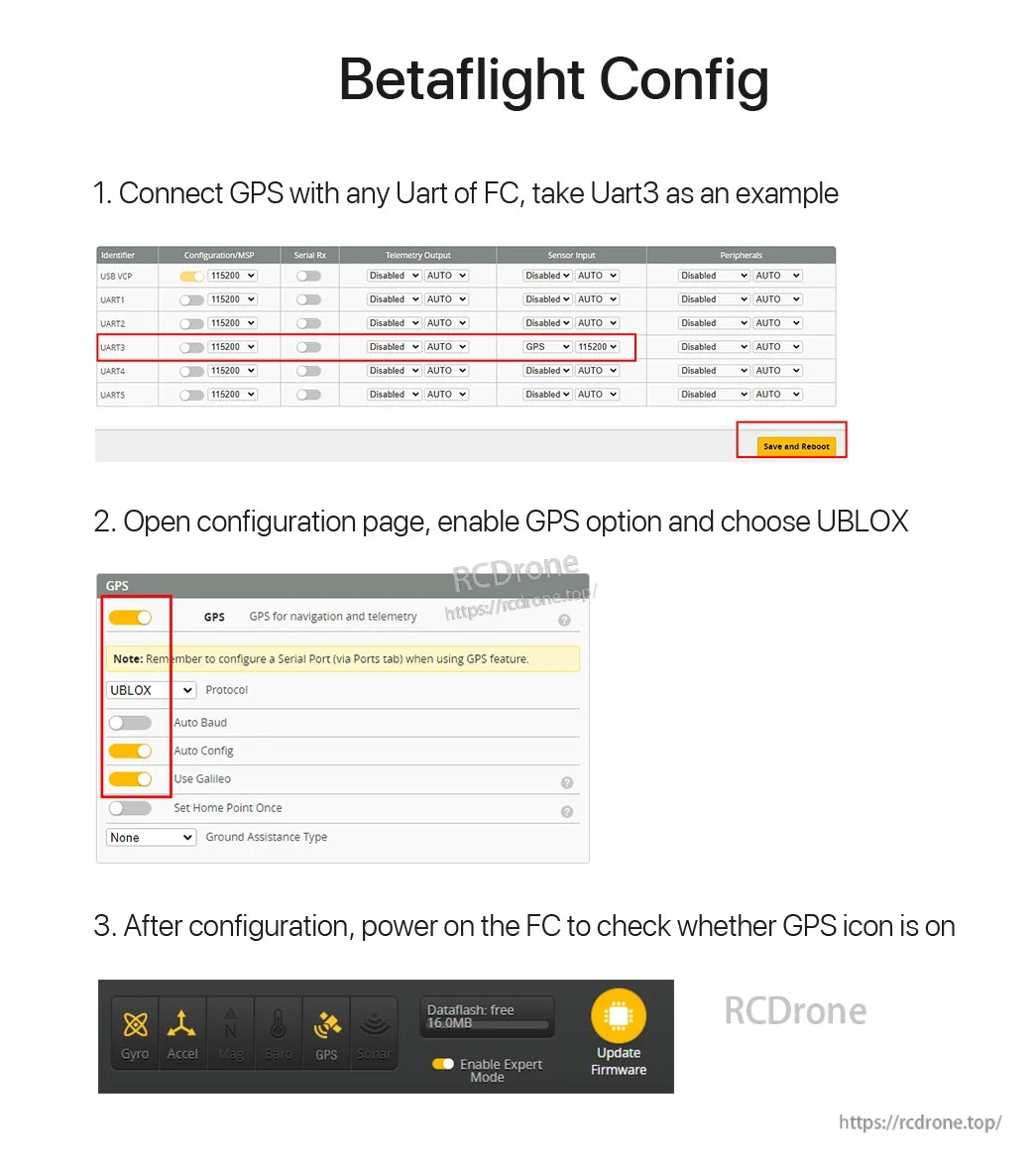 Foxeer M10Q-180 V2 GPS, Configure GPS via UART3, set protocol to UBX, enable auto config and Galileo. Save settings, reboot, and verify GPS activation on FC status bar.