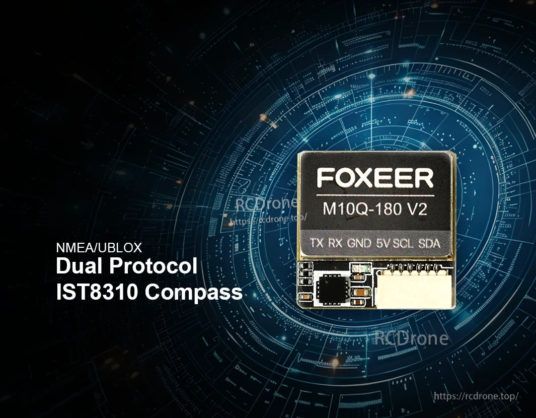 Foxeer M10Q-180 V2 GPS, Foxeer M10Q-180 V2 compass supports NMEA/UBLOX protocols, features IST8310 sensor, and has labeled pins.