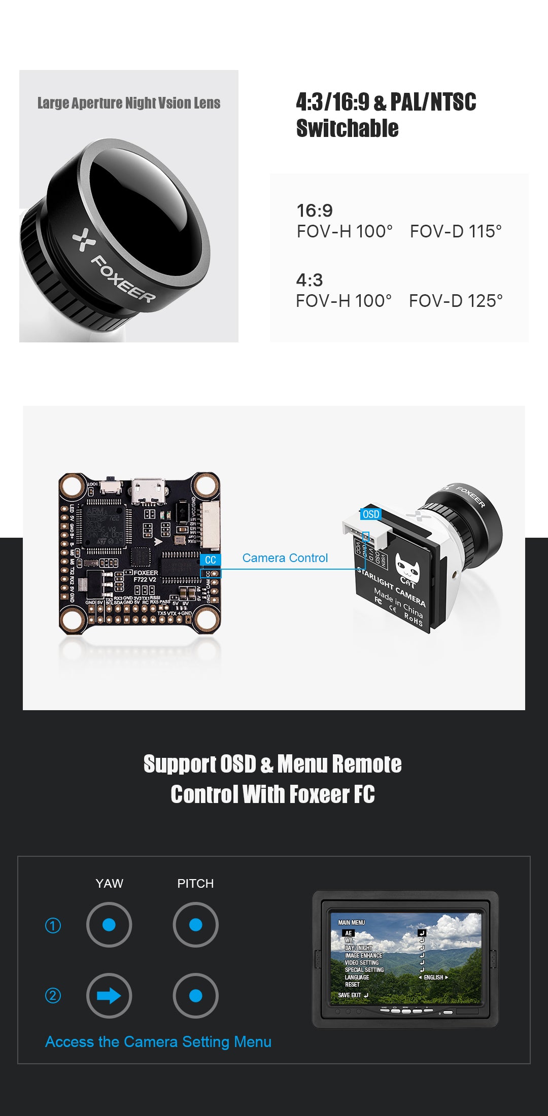 Foxeer Micro Cat 3 FPV Camera, Foxeer Micro Cat 3 camera features low light night vision, large aperture, and adjustable FOV for various applications.