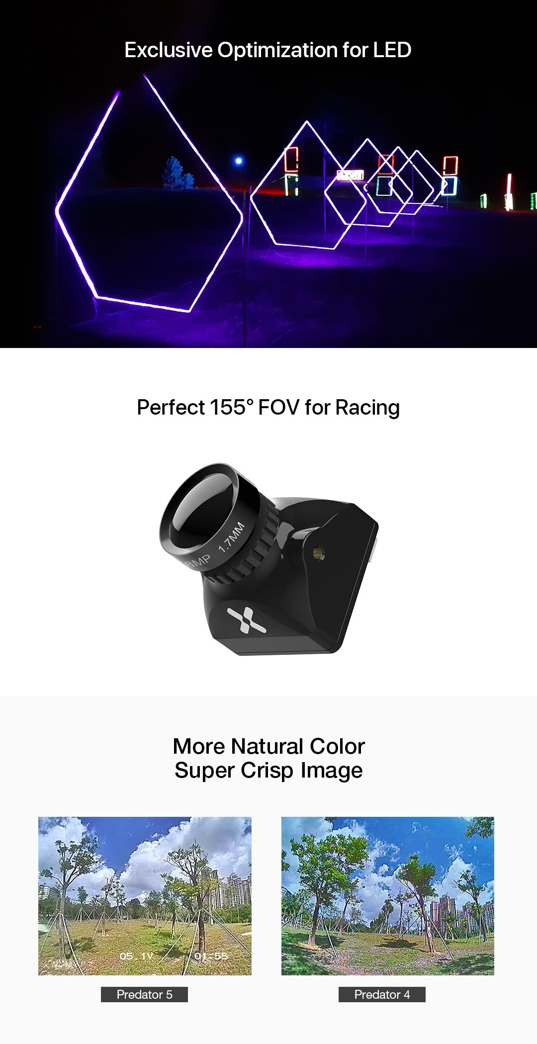 Foxeer Micro Predator 5, Optimizes LED camera for racing with enhanced color and image quality.