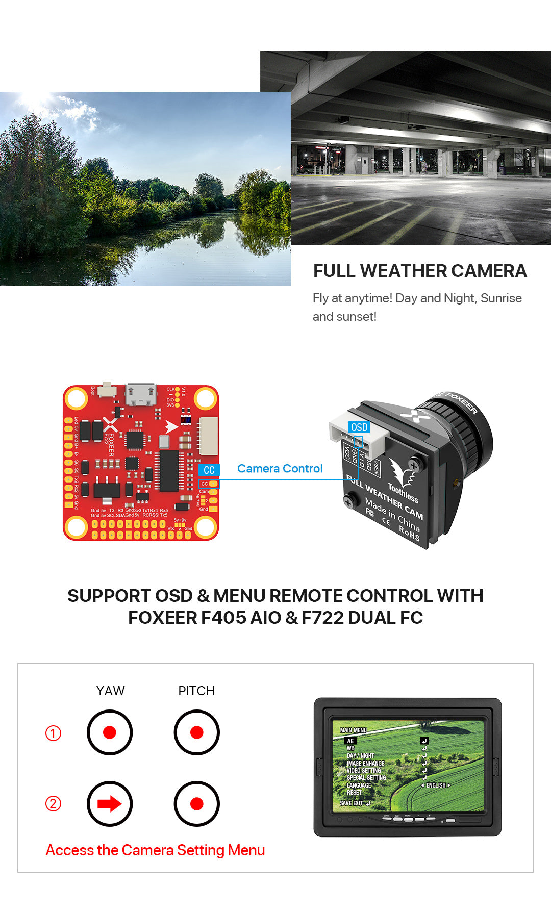 Foxeer Micro Toothless 2, Full weather camera with OSD controls and remote access for settings and language options.