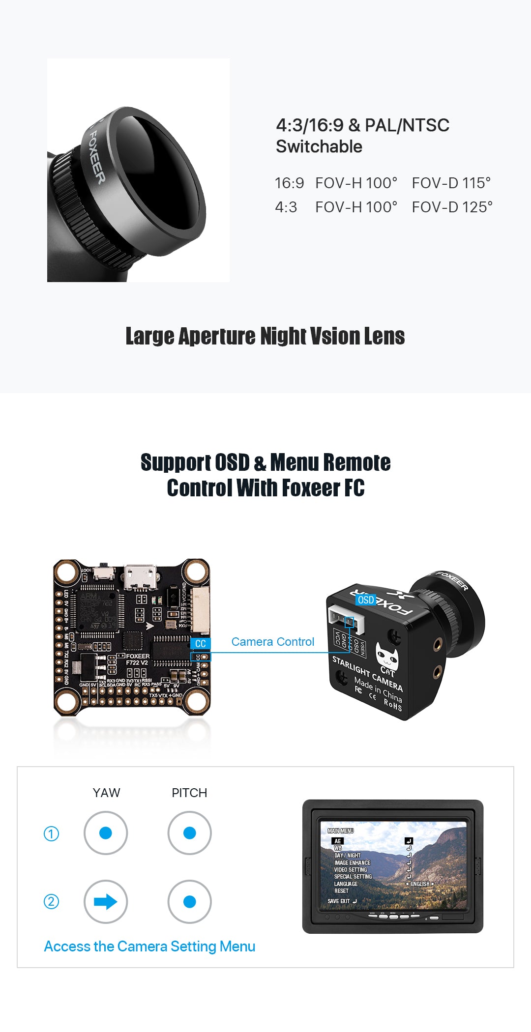 Foxeer Mini Cat 3 FPV Camera, Foxeer Mini CAT 3 camera features 1200TVL, 0.00001 Lux starlight, PAL/NTSC switchable, and large aperture night vision.