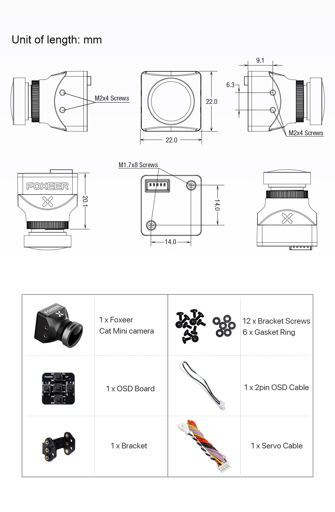 Foxeer Mini Cat 3 FPV Camera, Foxeer Mini Cat 3 camera features 6.3mm, 22.0mm, and M-Z8 screws, plus a Foxeer bracket, OSD board, and cables.