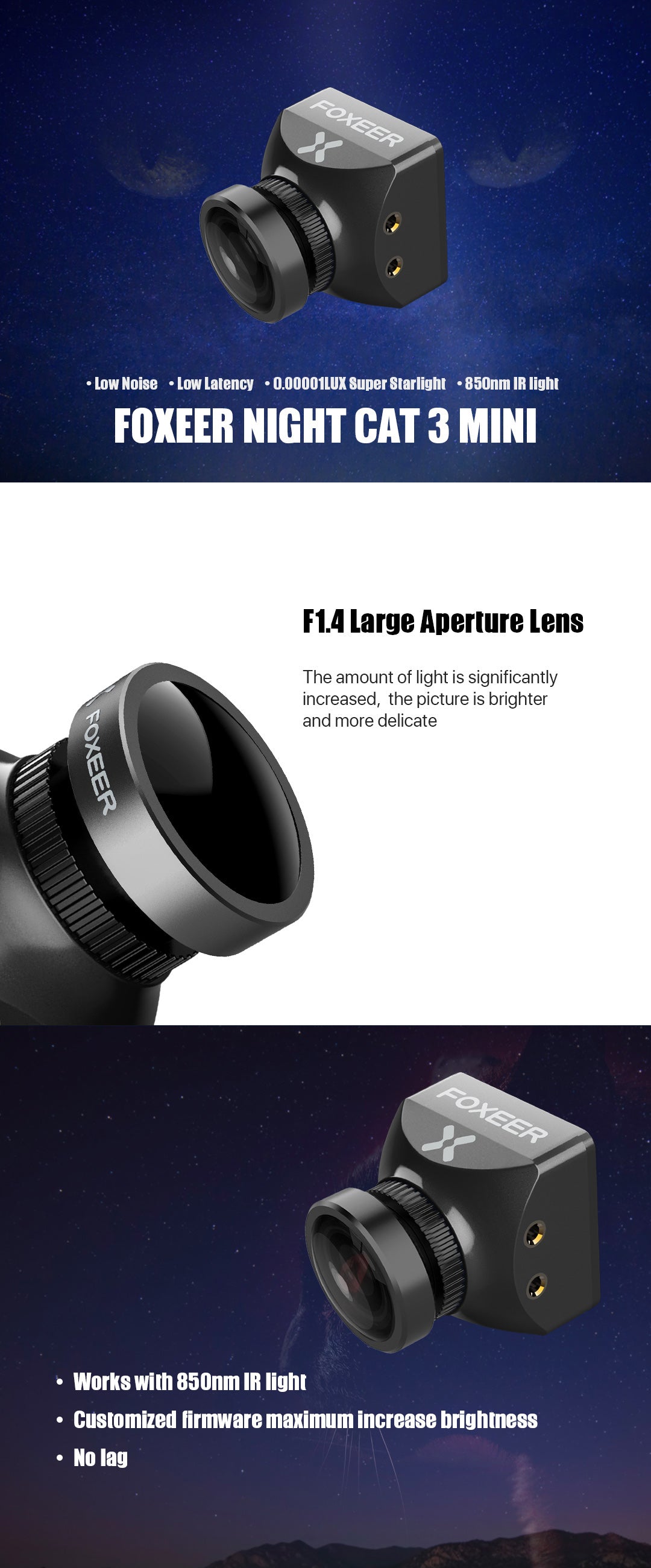 Foxeer Mini Night Cat 3, The device increases light amount and brightness of pictures, suitable for use with 850nm IR Light.