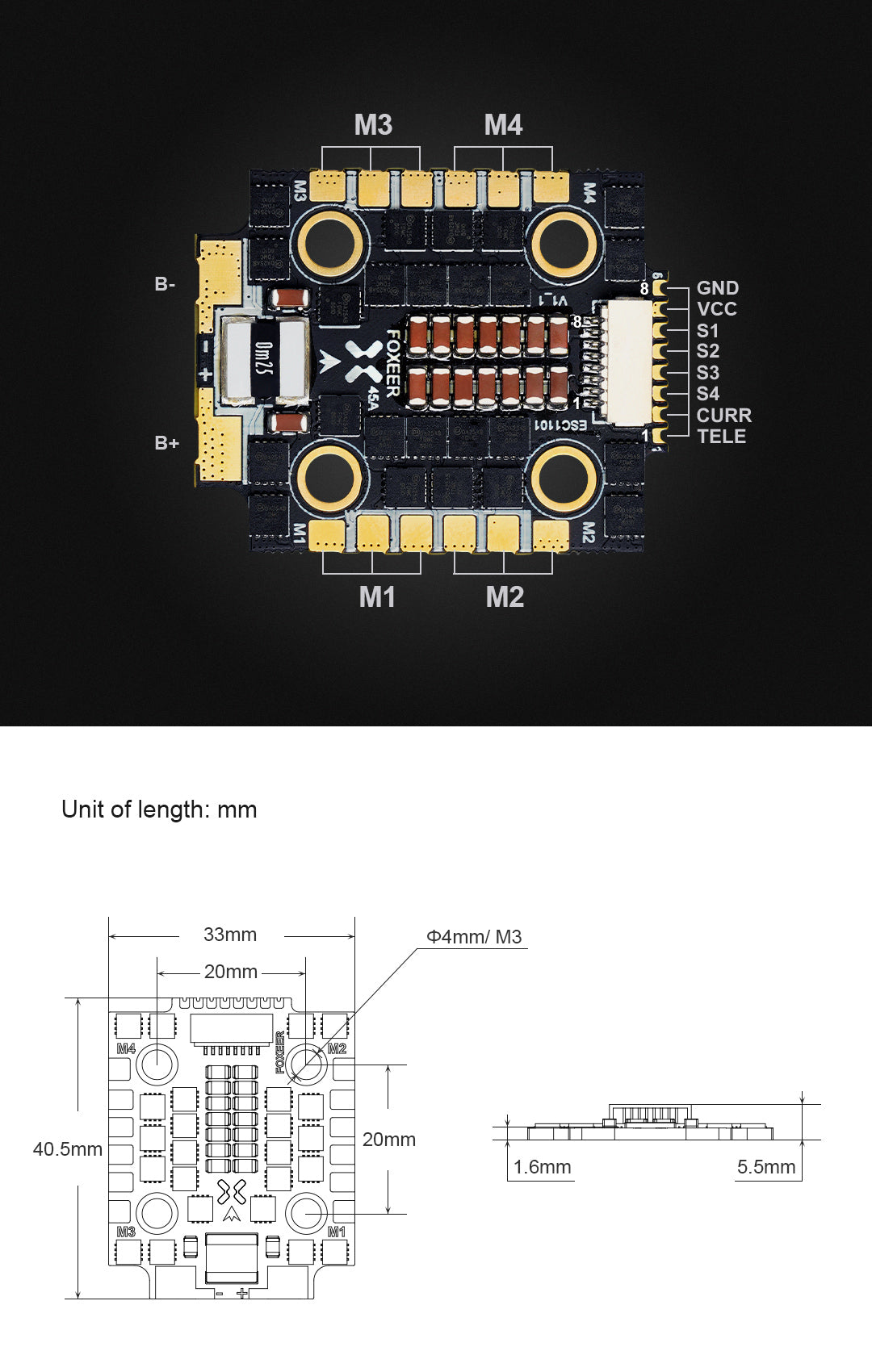 Foxeer Mini Reaper 128K 45A BL32 4in1 ESC, Product specifications include temperature range (-20 to +55), humidity (20-95%), and dimensions (40.5x33x5.5mm)