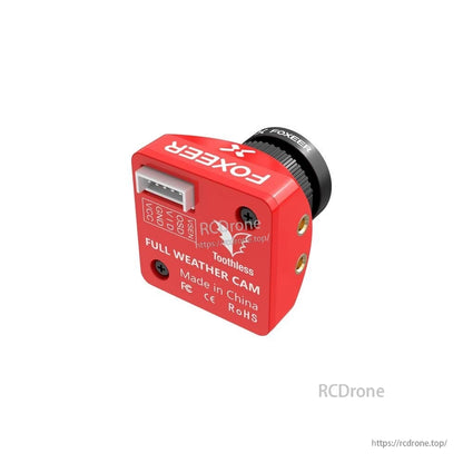 Foxeer Mini Toothless 2 FPV Camera, Foxeer Toothless mini FPV camera in red housing with lens and 5-pin connector labeled VCC, GND, VID, OSD