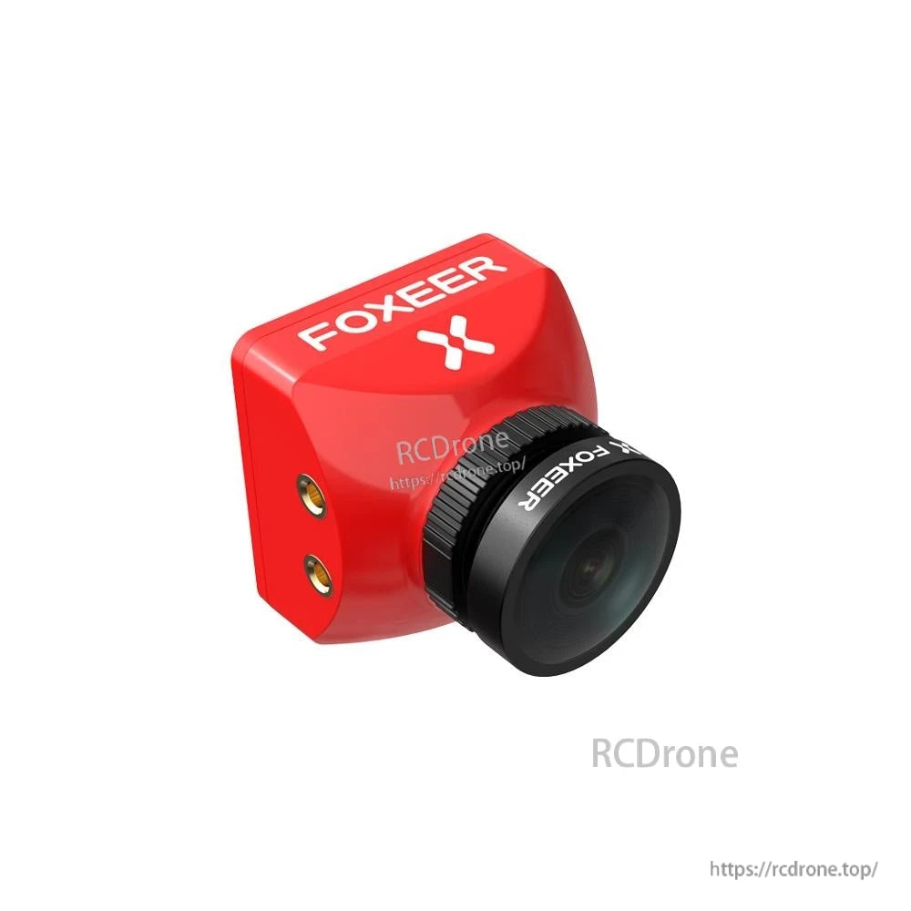 Red Foxeer Mini Toothless 2 FPV camera with black lens housing and dual side mounting holes