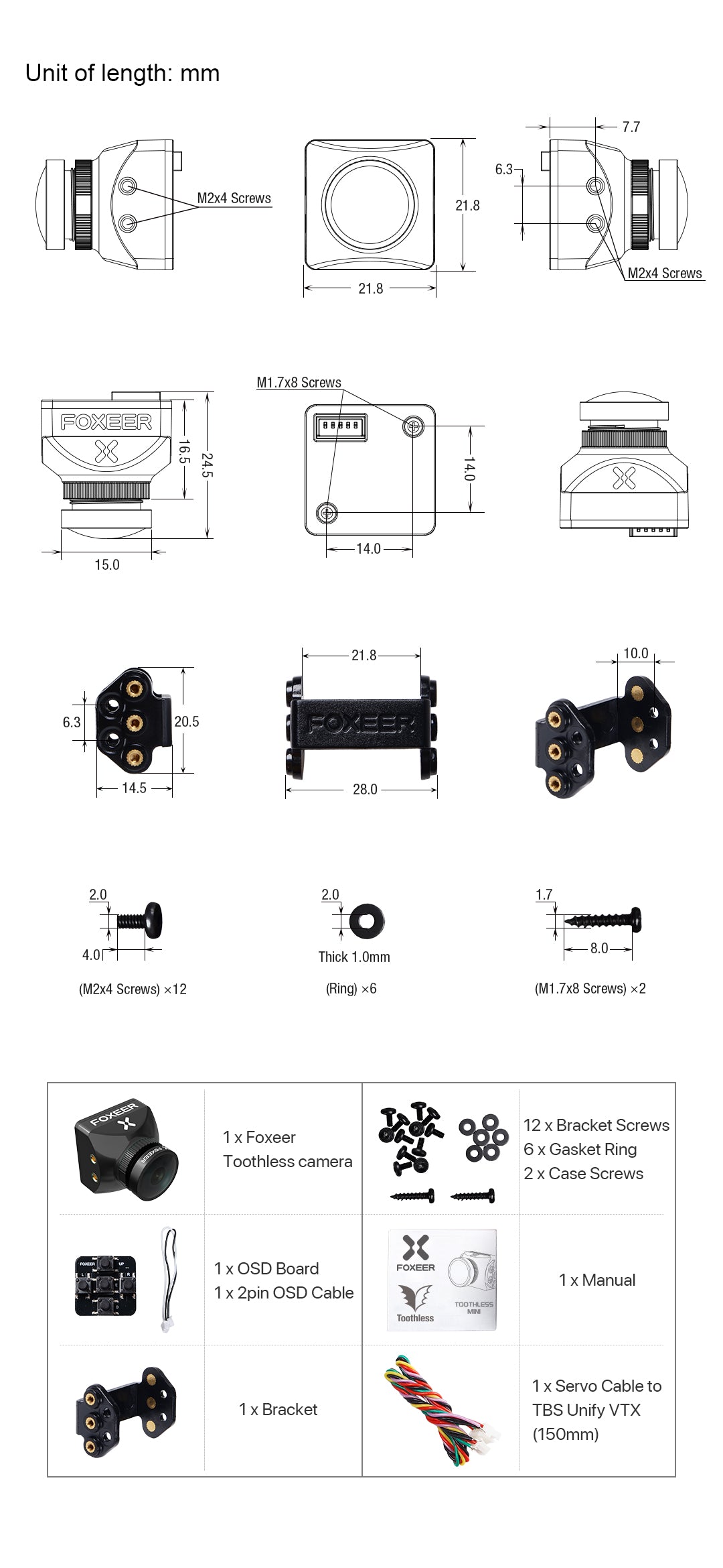 Foxeer Mini/Full Toothless 2 package contents include various screws, stickers, gasket rings, and electronics.