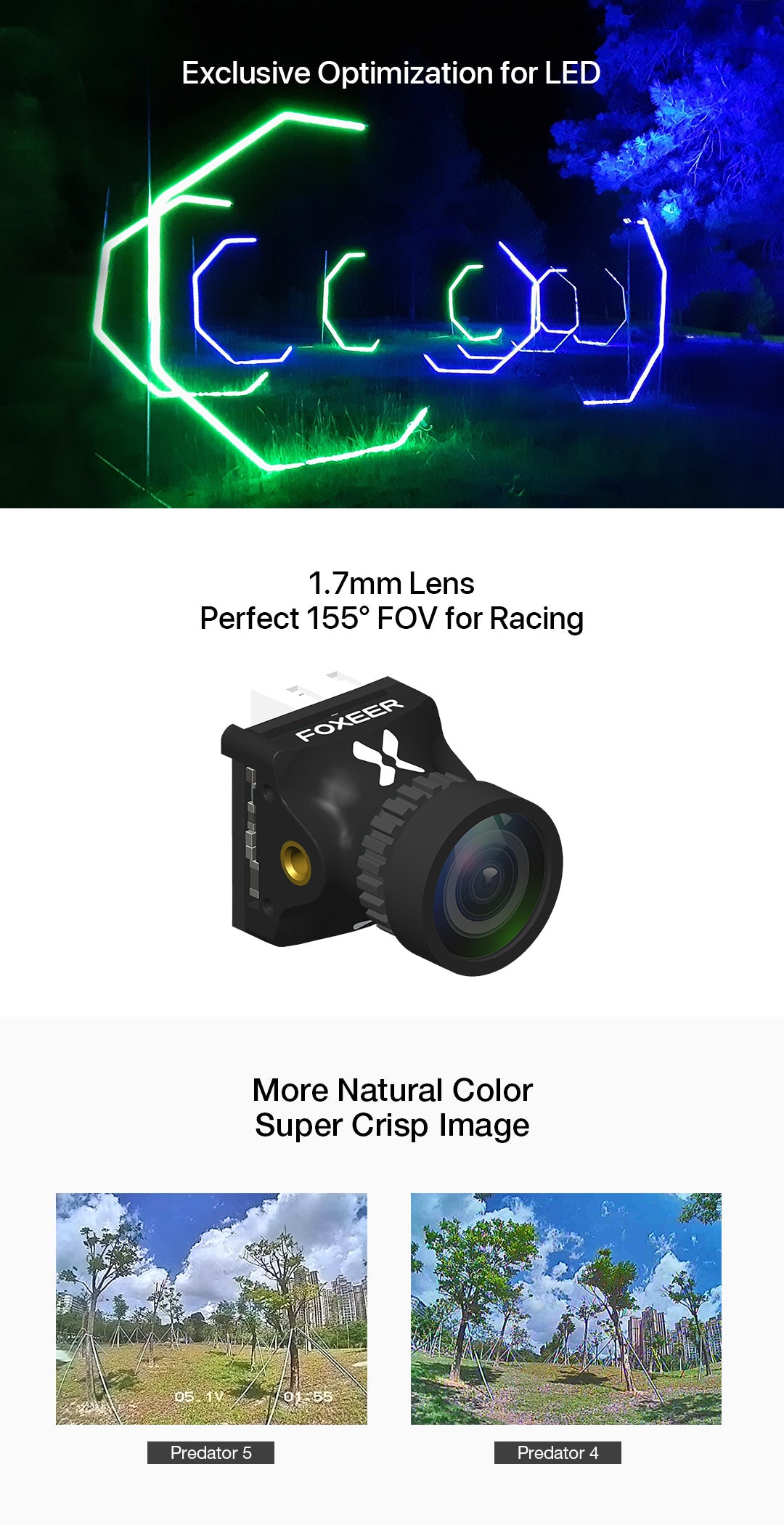 Foxeer Nano Predator 5 Racing Camera, Exclusive optimization for LED camera with 1.77mm lens, capturing natural color and crisp images.