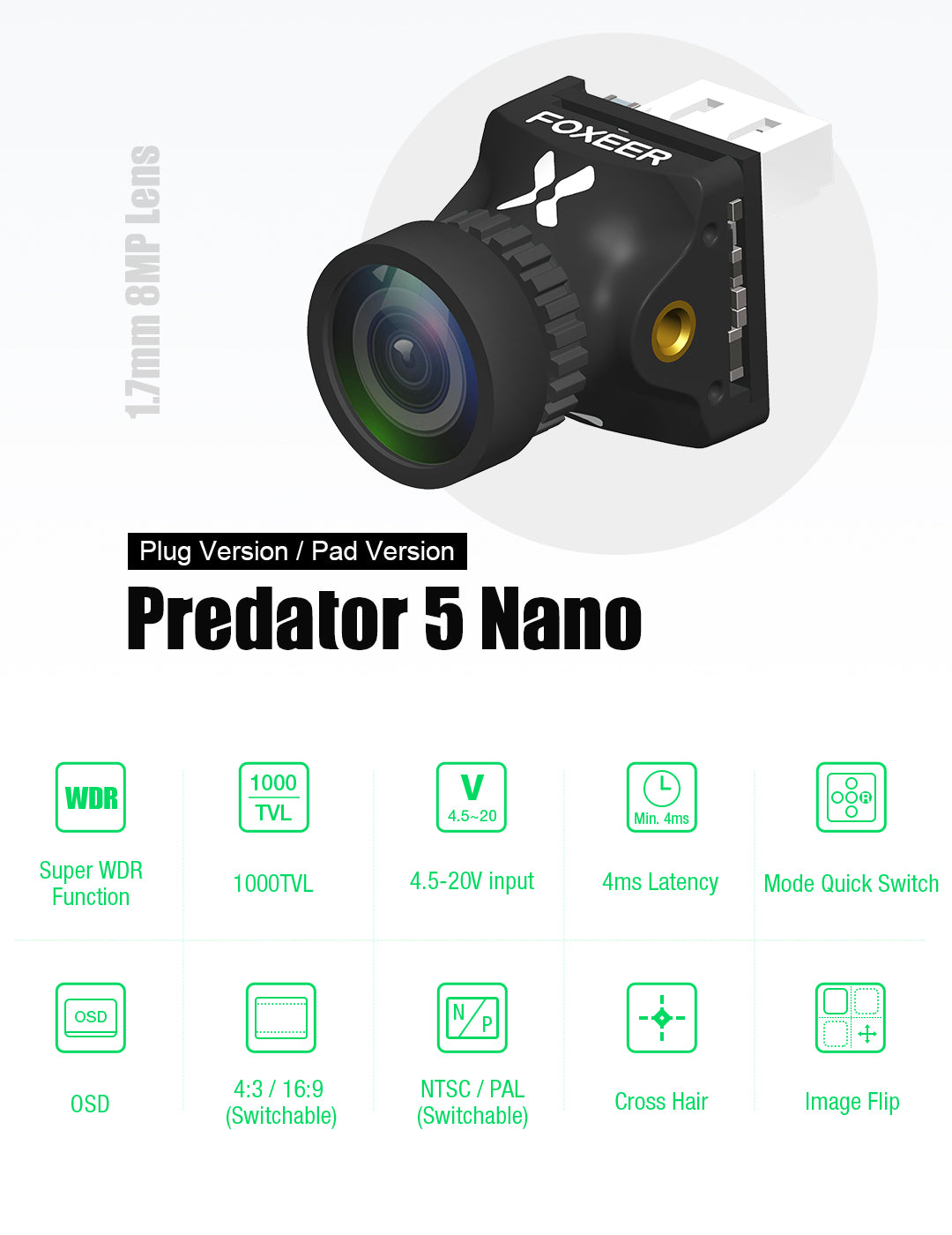 Foxeer Nano Predator 5 Racing Camera, Foxeer Nano Predator 5 camera features include high resolution, wide dynamic range, adjustable lens, and various display settings.