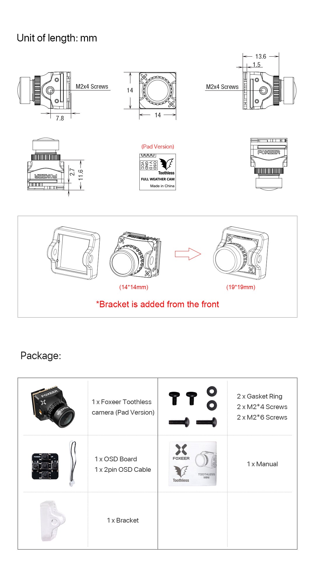 Foxeer Nano Toothless camera with 1200TVL, 100 dB Super WDR FPV features, dimensions: 13.6mm, made in China.