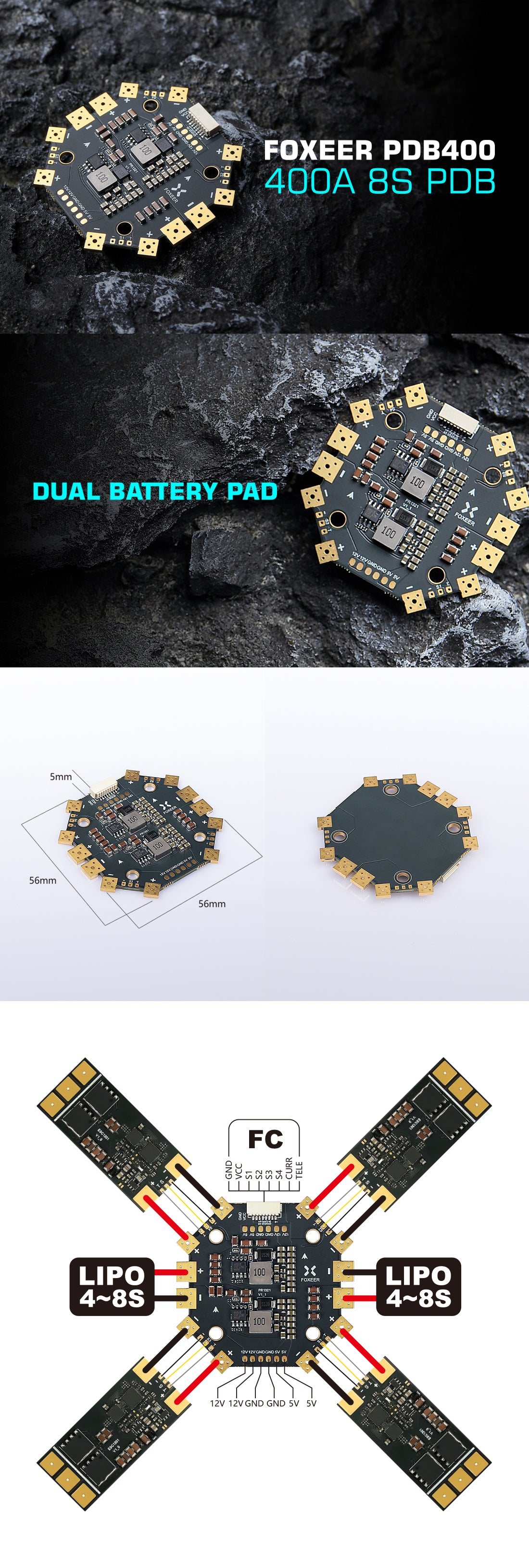 Foxeer PDB, The PDB has four ESC connections for powering and distributing power to motors efficiently.