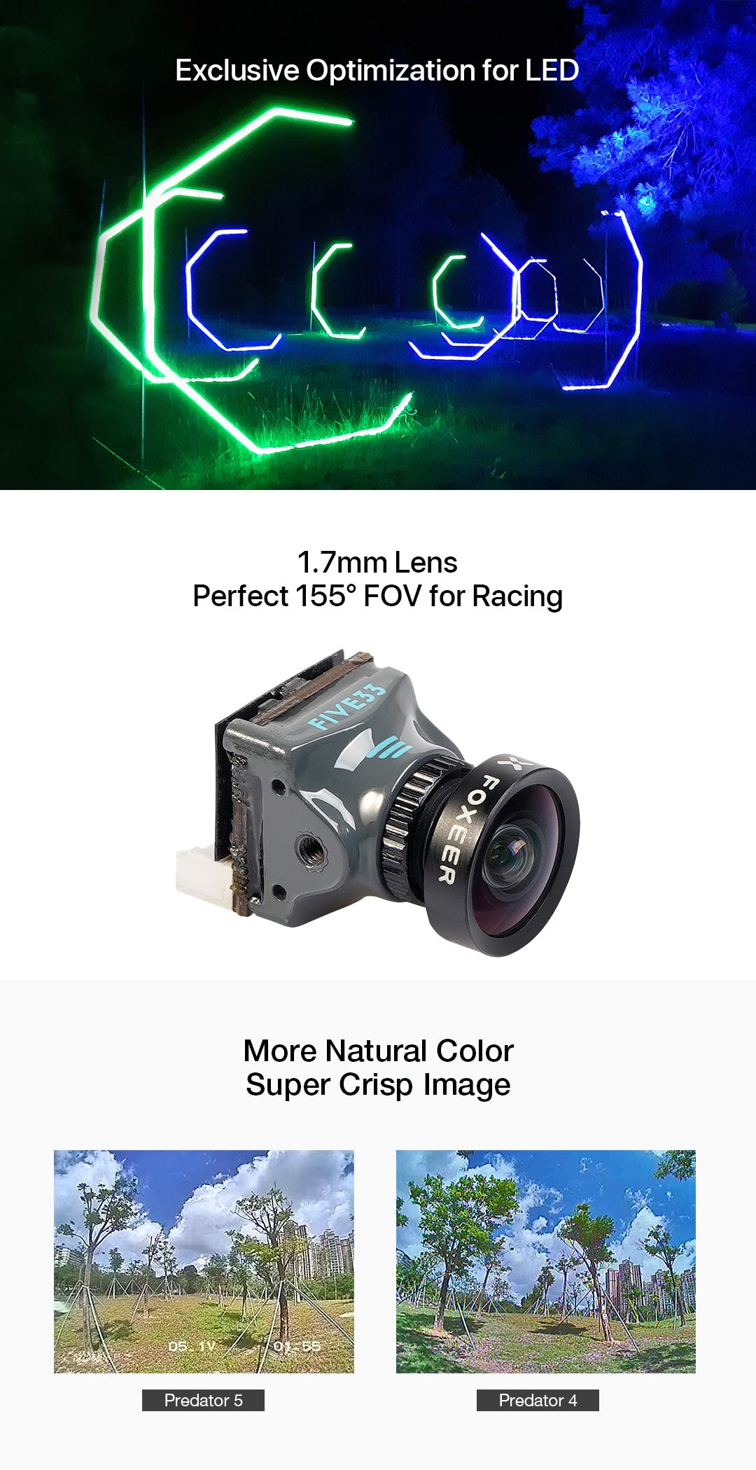 Foxeer Predator 5 Nano Five33 Edition, Exclusive optimization for LED CCD cameras with a 1/2" lens and 1558 FOV for natural color and crisp images.