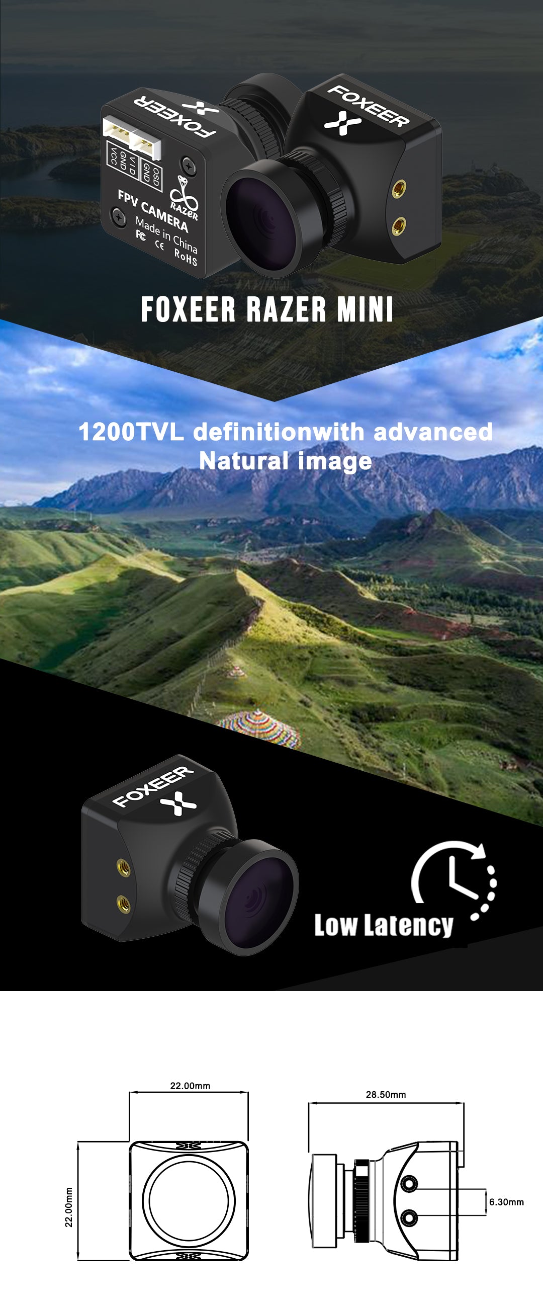 Foxeer Razer Mini V3 FPV camera features 1200TVL definition, advanced natural image, low latency, and compact size.