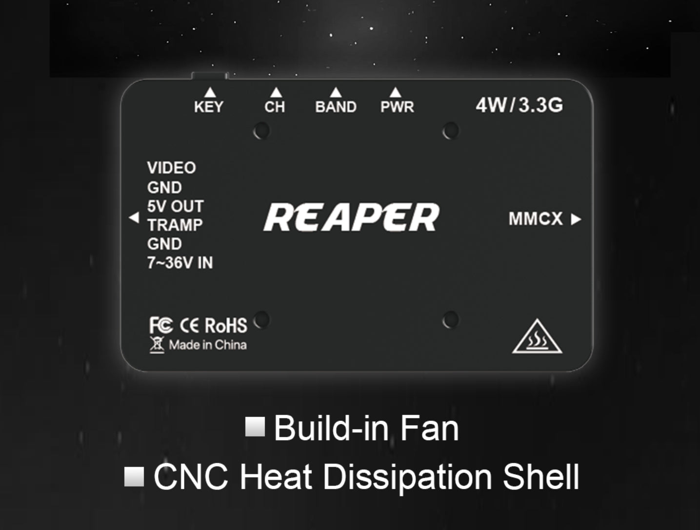 Foxeer Reaper 3.3G 4W 16CH VTX, Foxeer Reaper 3.3G camera module with fan and heat dissipation, suitable for various applications.