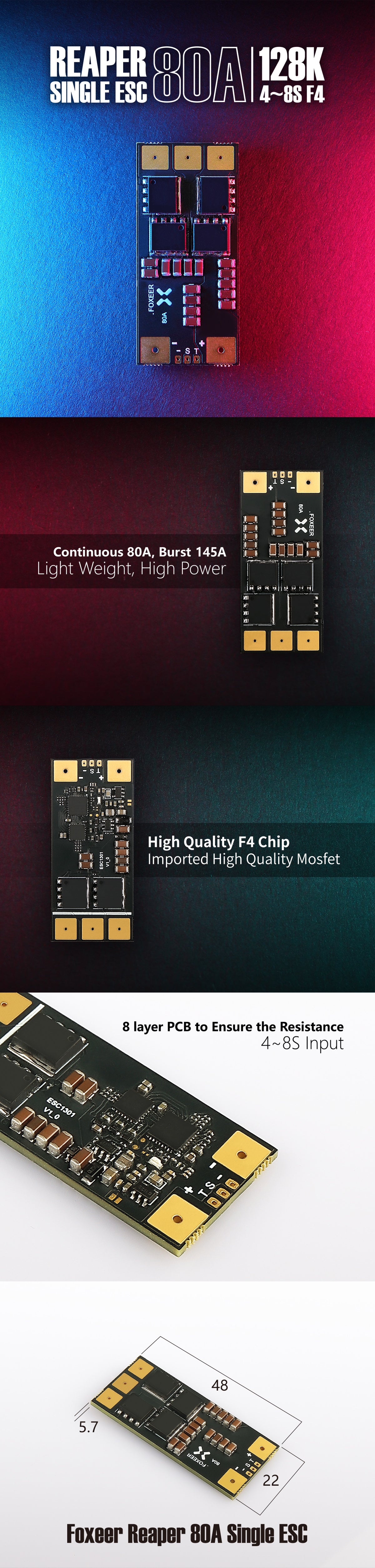 Foxeer Reaper 80A F4 128K BL32 4-8S Single ESC, The Foxeer Reaper 80A F4 ESC features an F4 chip and high-quality mosfets for reliable performance.