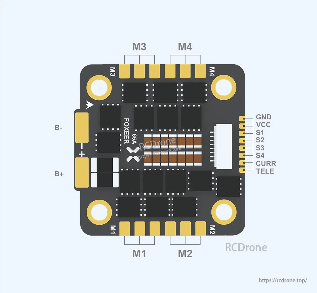 Foxeer Reaper F4 128K 65A BLHeli32 4in1 ESC, Foxeer 65A 4in1 ESC features M1-M4 motor outputs and telemetry.