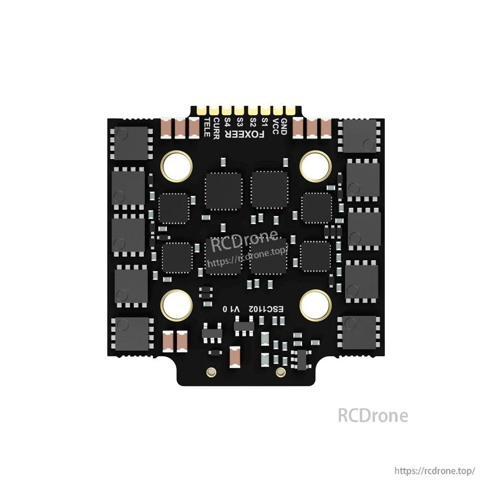 Foxeer Reaper F4 Mini 4-in-1 ESC board with labeled pads (M1–M4, VCC, GND, CURR, TELE) and four mount holes