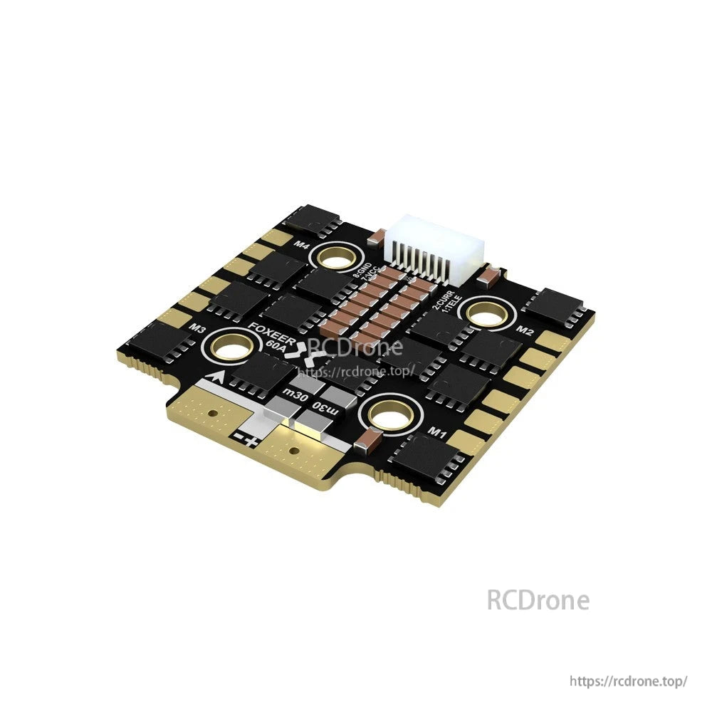 Foxeer Reaper 4-in-1 60A mini ESC board with M1–M4 motor pads, battery +/- pads, and plug connector
