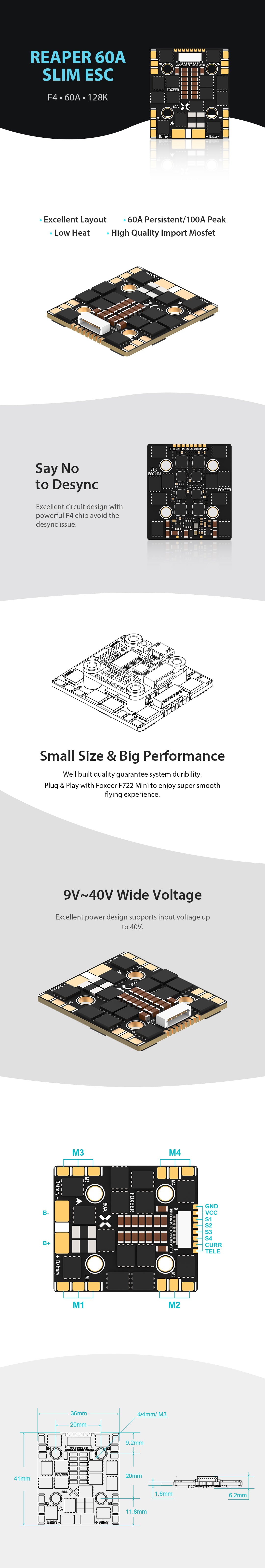 Foxeer Reaper F4 Slim Mini ESC, Foxeer Reaper F4 Slim ESC features excellent layout, high performance, and quality guarantee with a small size and durable system.