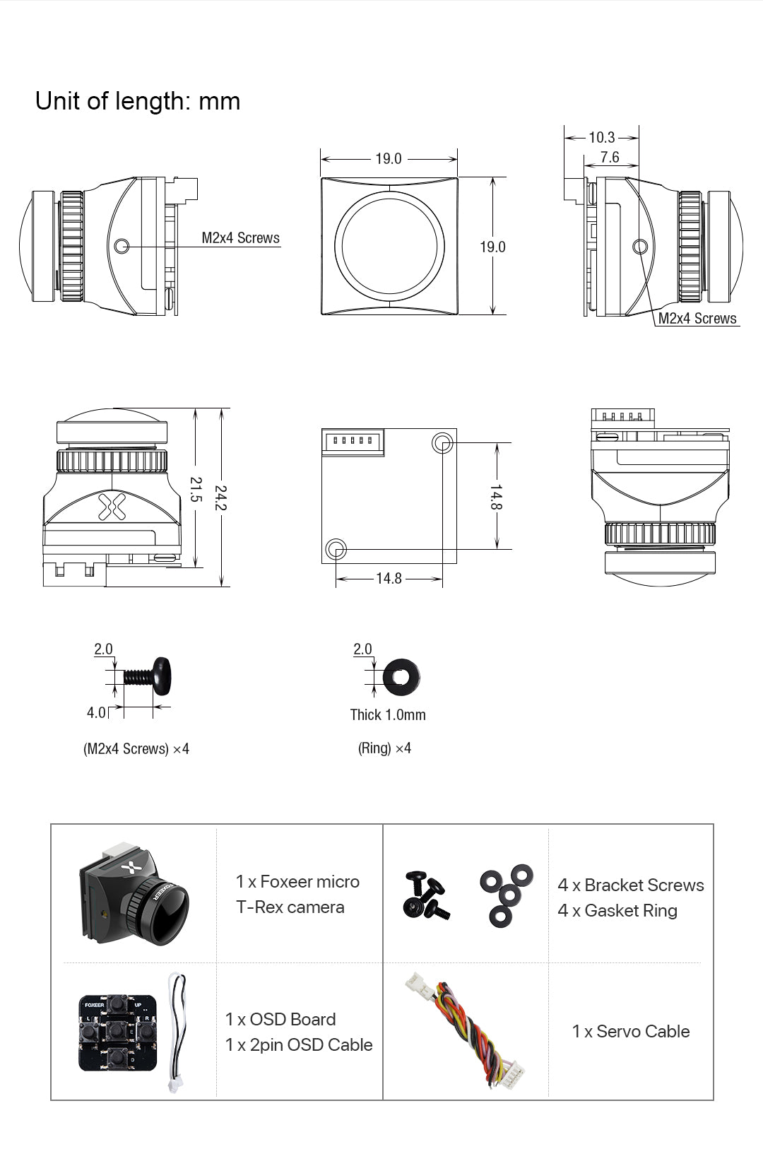 Foxeer T-Rex FPV Camera, Foxeer T-Rex Micro camera features include M2 x 4 screws, RIA 2, and ring gasket.