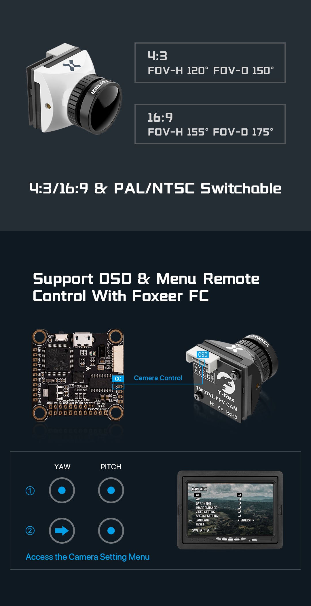 Foxeer T-Rex FPV Camera, 1209 FOV-H camera with low latency, super WDR, and PAL/NTSC support for FPV applications.