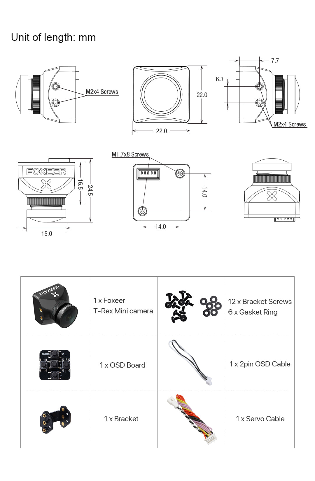 Foxeer T-Rex Mini 1500TVL Super WDR FPV Camera, The Foxeer T-Rex Mini features a compact design with adjustable focus and comes with various accessories for easy installation.