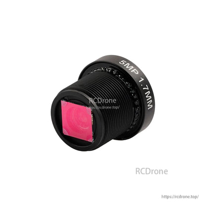 Foxeer M12 IR block camera lens labeled 5MP 1.7mm, black metal housing with red filter glass