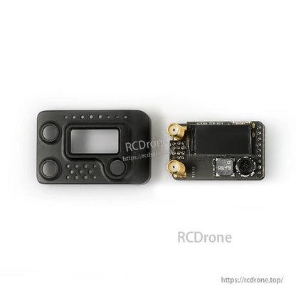 Foxeer Wildfire Lite FPV goggle receiver module with OLED screen, control buttons, and dual antenna connectors