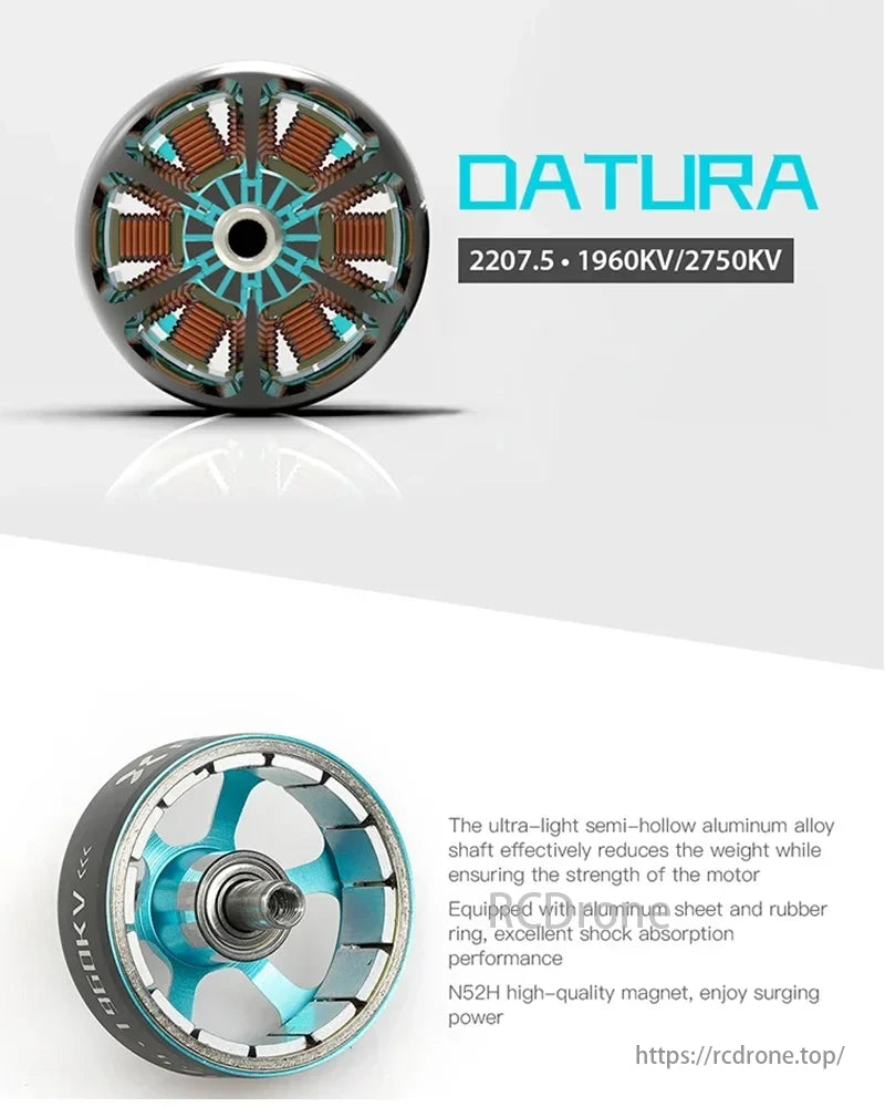 Foxxeer Datura Motor: Ultra-light aluminum shaft, N52H magnet for power. Available in 1960KV/2750KV options. Ideal for drones.