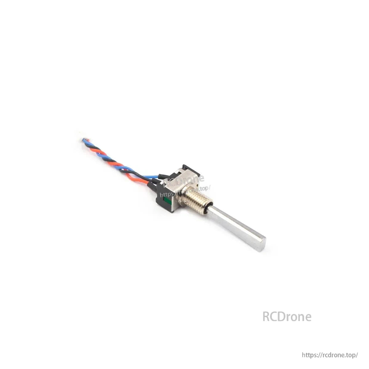 Angled view of FrSky Tandem XE long-handle switch showing metal lever, switch housing, and twisted wire lead