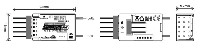 Dimensioned layout of FrSky Archer Plus R6 2.4GHz receiver showing 33×15×9.7mm size and port layout