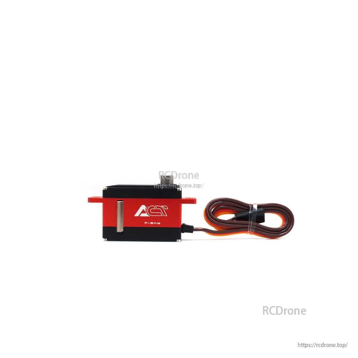 CNC aluminum case servo with cable exit and coiled lead, left-side view on white background