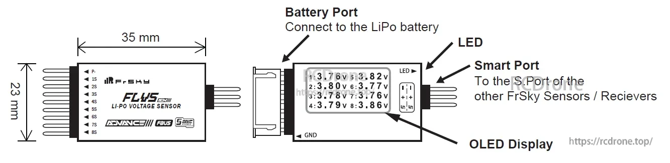 FrSky ADV FLVS Voltage Sensor layout with 35×23 mm dimensions, battery port, Smart Port, LED and OLED display