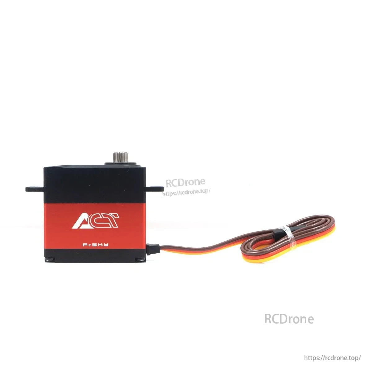 ACT servo straight side view with output shaft and coiled three-wire lead on white background