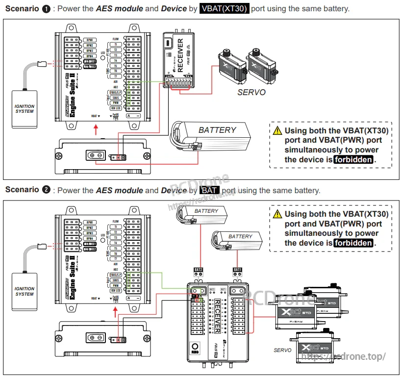 AES II wiring connection guide for VBAT (XT30) and VBAT (PWR) power, noting both inputs must not be used together