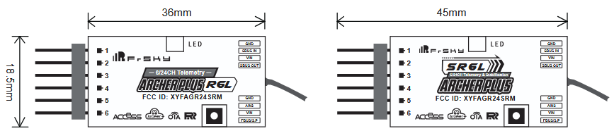 FrSky Archer Plus R6 Lite and SR6 Lite receiver size comparison—36mm vs 45mm length, 18.5mm width