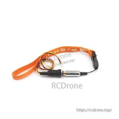 Panel-mount audio jack switch assembly with orange FrSky lanyard and multi-wire lead, angled view