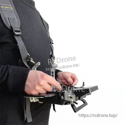 Side view of strap and tray in use with RC transmitter, showing angle and mounting bracket position