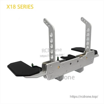 Transmitter tray shown for X18 series fitment, silver CNC frame with padded rests and uprights