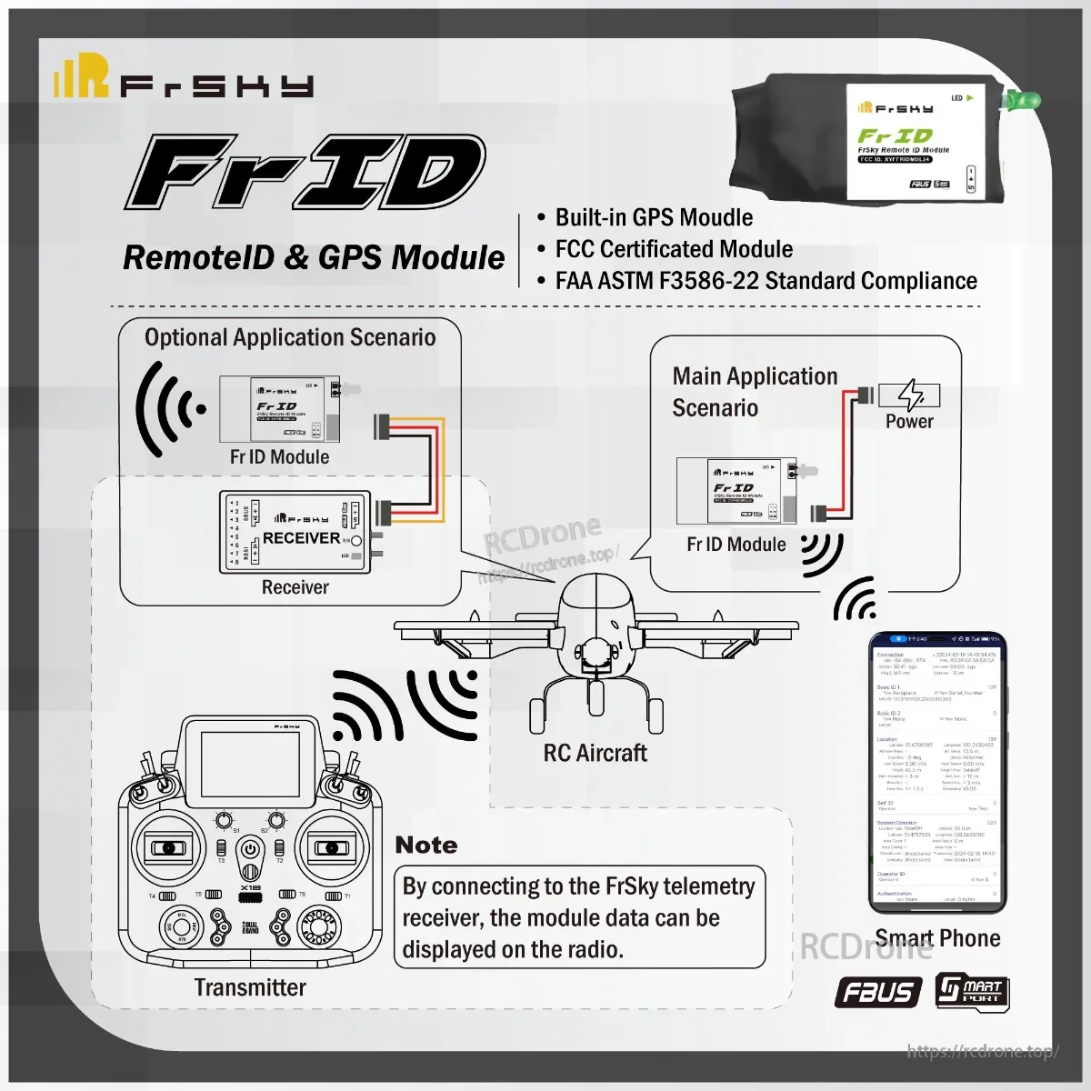 FrSky FrID RemoteID module with GPS diagram showing BLE broadcast, FAA ASTM F3586-22 compliance and wiring options