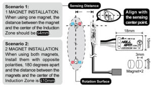 FrSky Hall RPM Sensor ADV installation guide showing magnet alignment and sensing distance limits